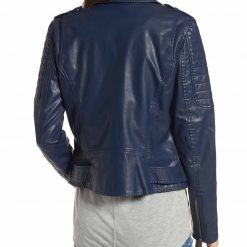 Women Asymmetrical Style Blue Biker Leather Jacket