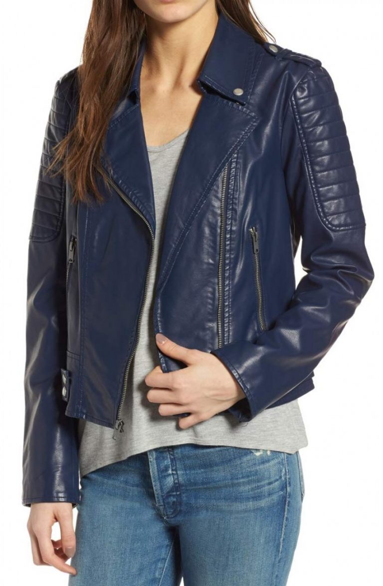 Asymmetrical Style Blue Women Biker Leather Jacket - Danezon