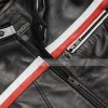 Red And White Striped Mens Black Biker Jacket Closeup