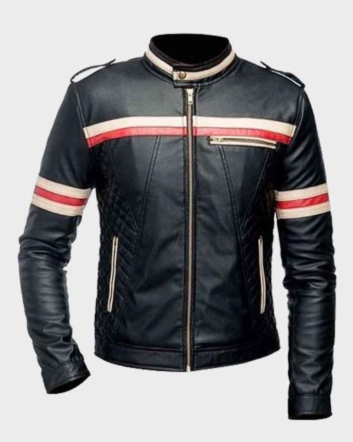 Mens Red And White Striped Black Biker Leather Jacket