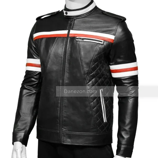 Red And White Striped Mens Black Motorcycle Jacket