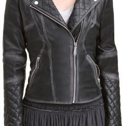 Black Quilted Asymmetrical Style Womens Moto Jacket