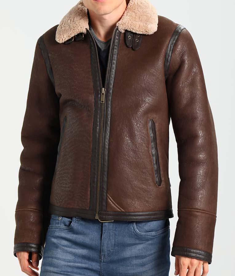 Aviator Style Mens Dark Brown Shearling Leather Jacket