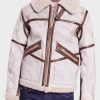 Mens Aviator Style White Waxed Shearling Leather Jacket