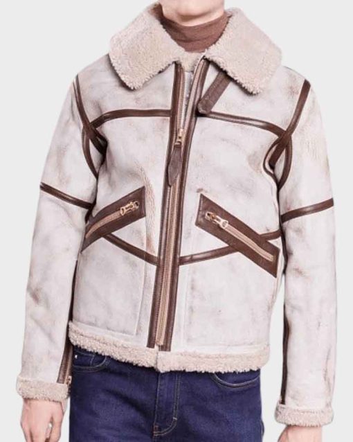 Mens Aviator Style White Waxed Shearling Leather Jacket