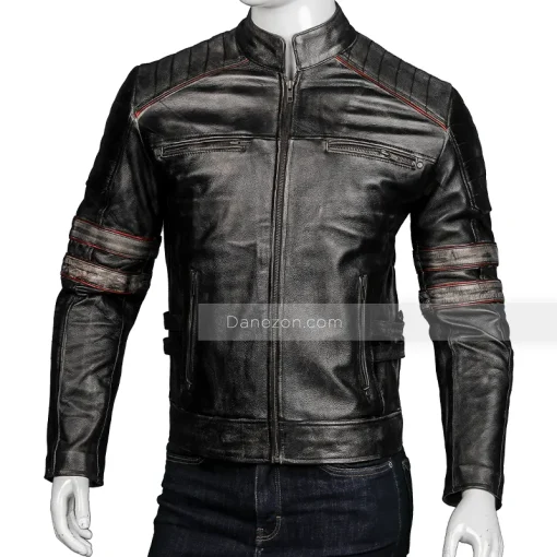 Mens Distressed Leather Retro Cafe Racer jacket