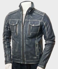 Mens Café Racer Blue Waxed Leather Jacket