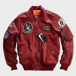 Carrier Air Wing Red Baseball Bomber Leather Jacket