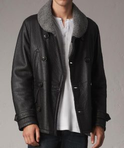 Shearling Double Breasted Mens Black Pea Coat
