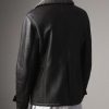 Mens Black Shearling Double Breasted Leather Pea Coat