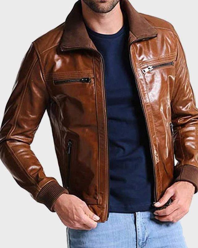 Mens Shining Brown Leather Bomber Jacket - Danezon