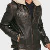 Aviator Mens Brown Waxed Shearling Hooded Leather Jacket