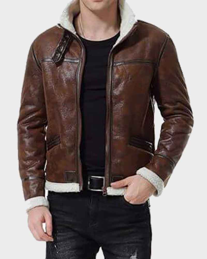 Mens Aviator Distressed Brown Shearling Leather Jacket