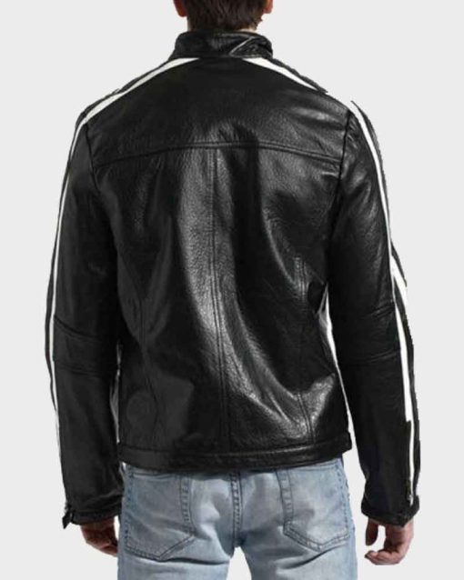 Mens White Striped Black Café Racer Leather Jacket