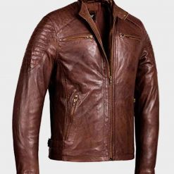 Mens Brown Waxed Detailed Café Racer Leather Jacket