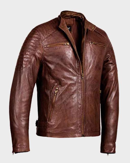 Mens Brown Waxed Detailed Café Racer Leather Jacket