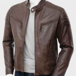 Mens Biker Style Brown Leather Jacket