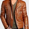 Mens Slim fit Padded Brown Motorcycle Leather Jacket