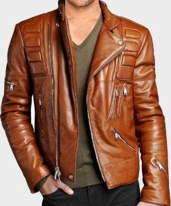 Mens Slim fit Padded Brown Motorcycle Leather Jacket