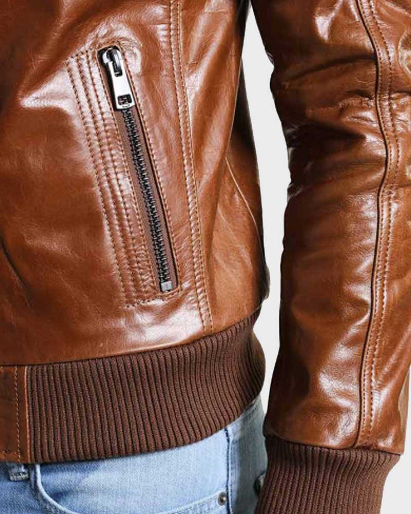 Celebrity Style Pure Brown Leather Bomber Jacket for Men