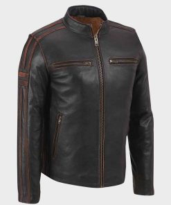 Café Racer Brown Stripe Mens Biker Leather Jacket