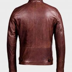 Mens Brown Café Racer Waxed Detailed Leather Jacket