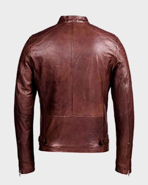 Mens Brown Café Racer Waxed Detailed Leather Jacket