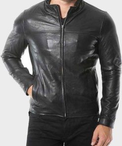 Mens Plain Black Café Racer Leather Jacket