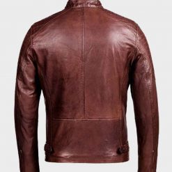 Mens Café Racer Zipper Pockets Distressed Brown Jacket