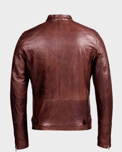 Mens Café Racer Zipper Pockets Distressed Brown Jacket
