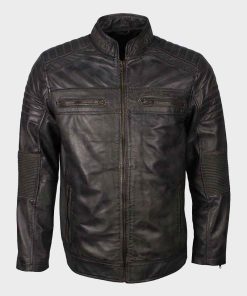 Mens Café Racer Shoulder Padded Grey Waxed Biker Leather Jacket