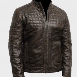 Mens Quilted Design Brown Café Racer Leather Jacket