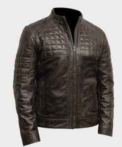 Mens Quilted Design Brown Café Racer Leather Jacket