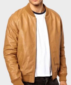 Mens Casual Tan Brown Leather Bomber Jacket