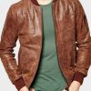 Distressed Leather Mens Dark Brown Bomber Jacket