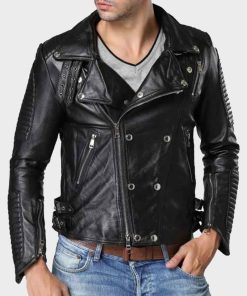 Mens Double Breasted Black Motorcycle Leather Jacket