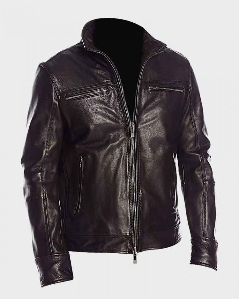 Mens Black Classic Stand Up Collar Biker Leather Jacket
