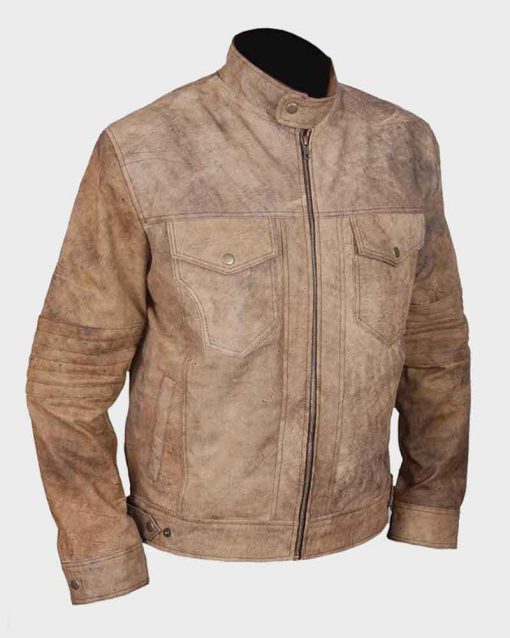 Mens Café Racer Khakhi Distressed Leather Jacket