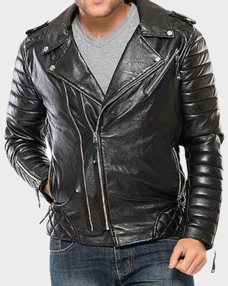 Mens Classic Motorcycle Black Padded Leather Jacket