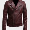 Mens Motorcycle Style Double Zip Burgundy Leather Jacket