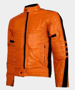 Mens Slimfit Padded Style Orange Biker Leather Jacket