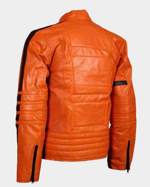 Mens Slim Fit Orange Padded Biker Leather Jacket