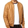 Mens Casual Tan Brown Leather Bomber Jacket