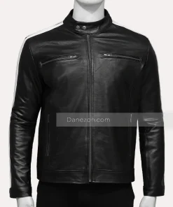 Mens white striped black leather jacket