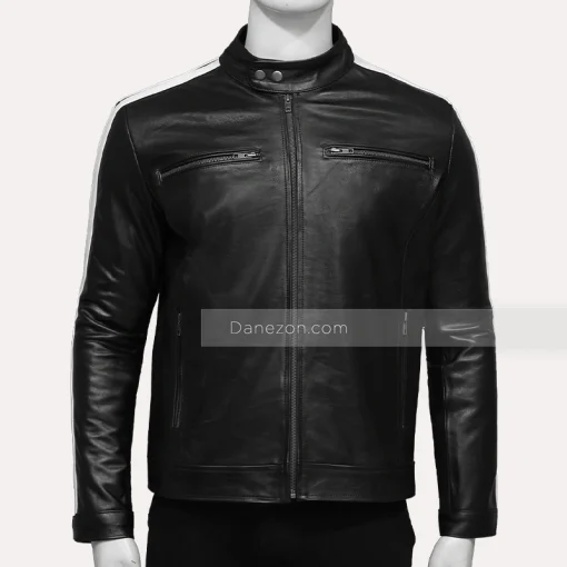 Mens white striped black leather jacket
