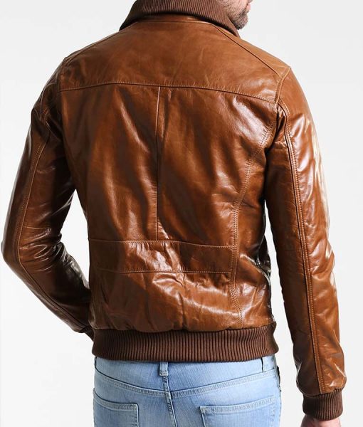 Mens Biker Shining Brown Bomber Leather Jacket