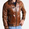 Shining Brown Leather Mens Bomber Jacket