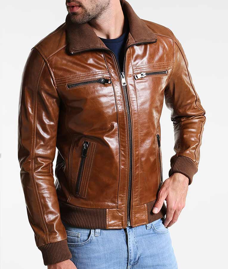 Mens Shining Brown Bomber  Leather  Jacket  Danzon