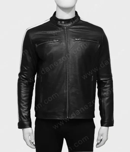 Mens White Striped Black Leather Jacket