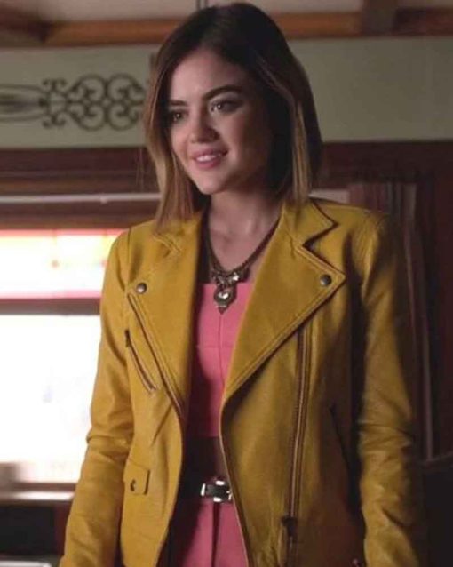 Pretty Little Liars Leather Lucy Hale Biker Aria Montgomery Yellow Jacket